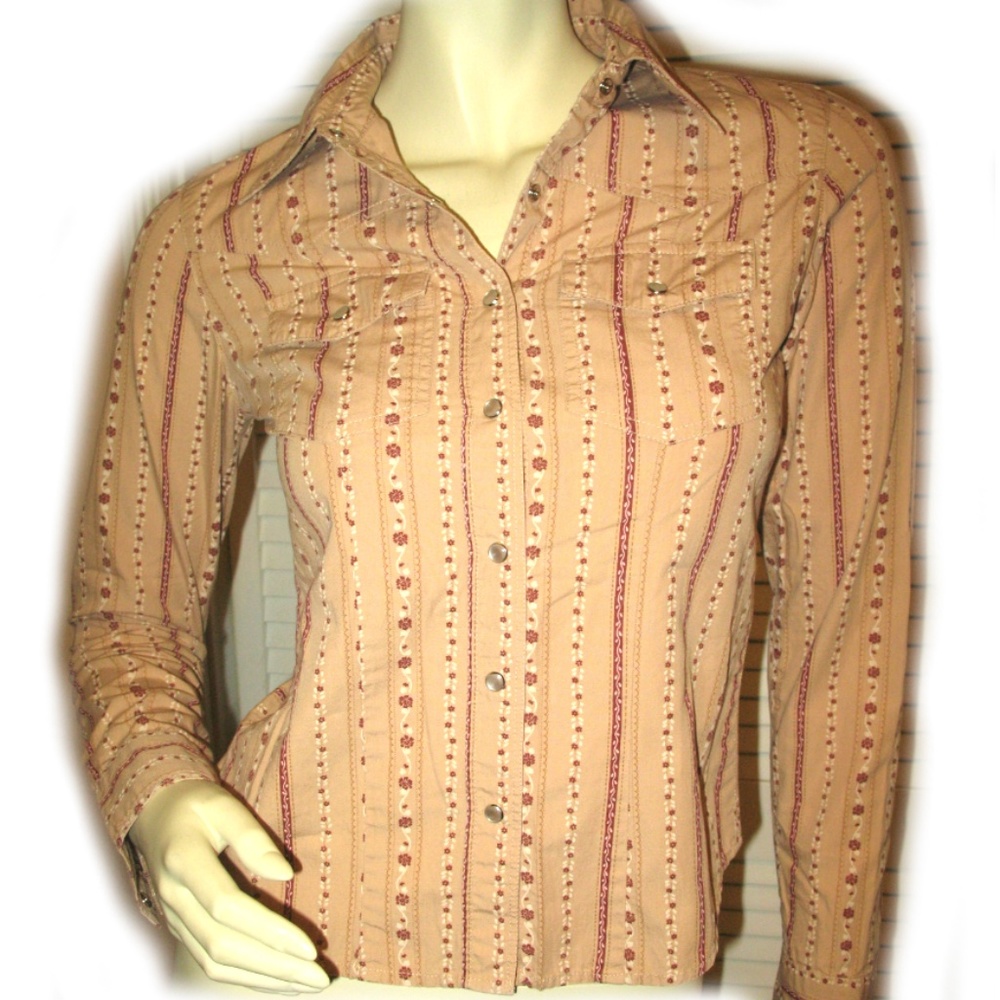 RUBBISH Button Down Shirt Floral Print Striped Tan